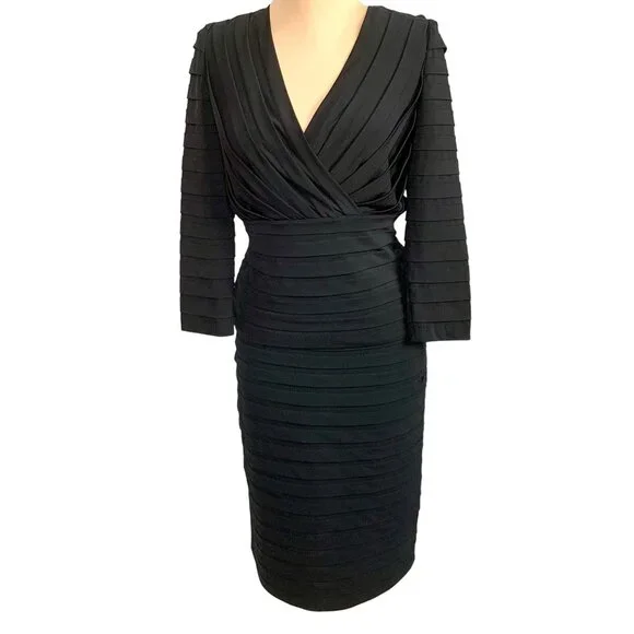 Tadashi Shoji 2-PC Pleated V-Neck Black Skirt Top M Stretch